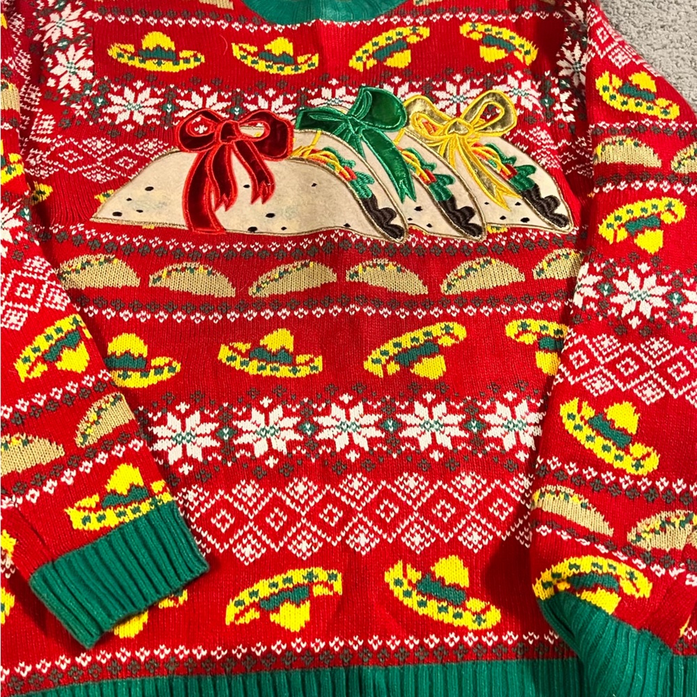 Holiday Christmas sweater featuring tacos